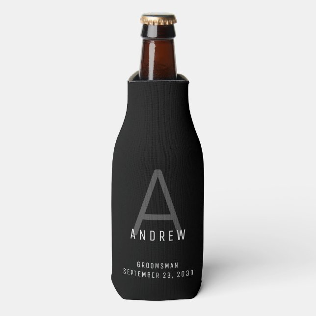 Black Modern Personalised Groomsmen Name Bottle Cooler (Bottle Front)