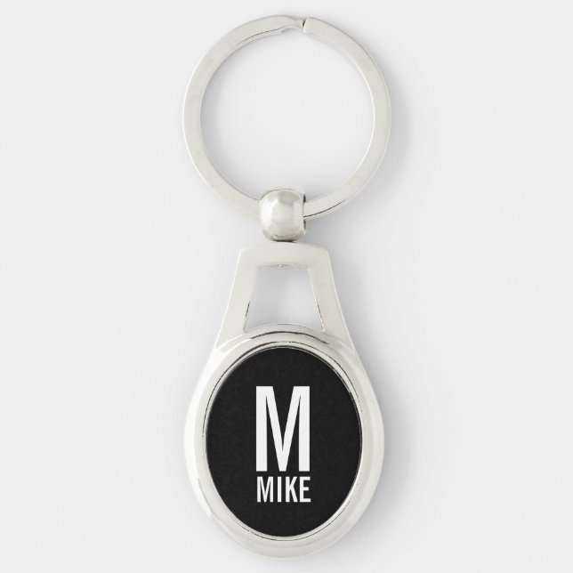 Black Modern Personalised Monogram and Name  Key Ring (Front)
