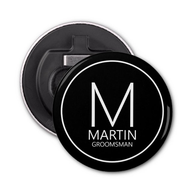 Black Modern Personalised Monogram&Name Groomsmen Bottle Opener (Front)