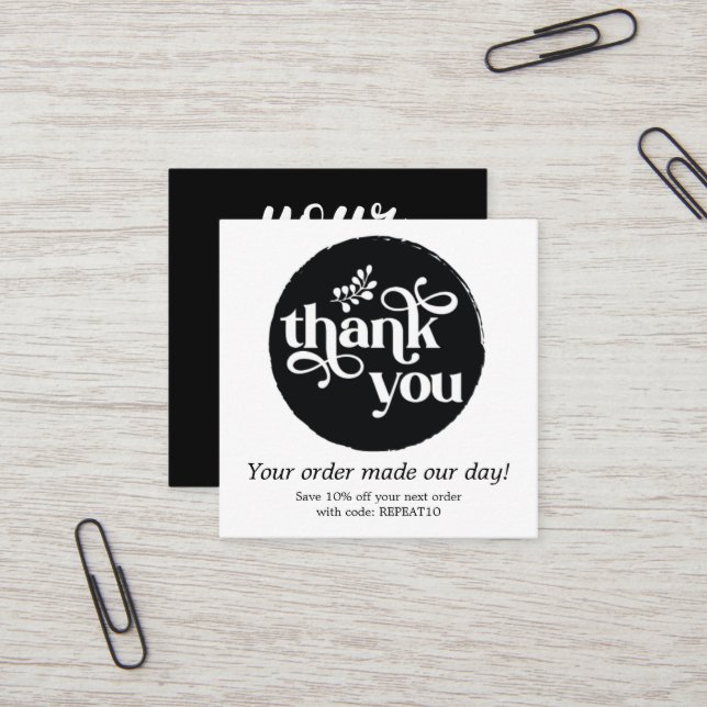 Black Modern Personalised Order Circle Thank You Square Business Card (Front/Back In Situ)