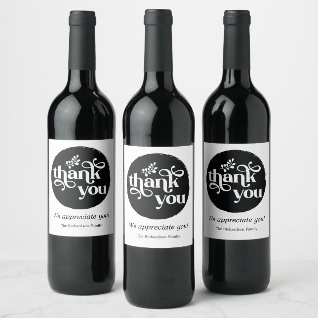Black Modern Personalised Order Circle Thank You Wine Label (Bottles)