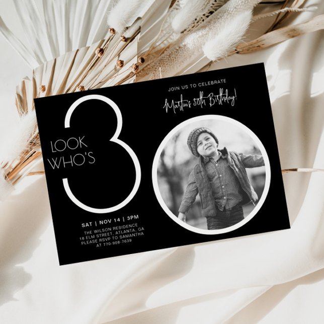 Black Modern Photo 30th Birthday Invitation (Creator Uploaded)