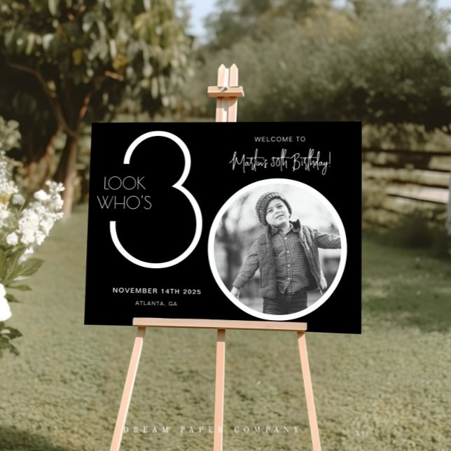 Black Modern Photo 30th Birthday Welcome Sign (Creator Uploaded)