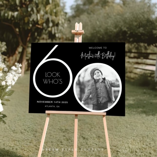Black Modern Photo 60th Birthday Welcome Sign (Creator Uploaded)