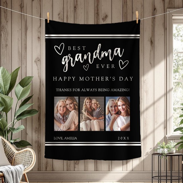 Black Modern Photo Collage Best Grandma Ever Fleece Blanket (Black Modern Photo Collage Best Grandma Ever Fleece Blanket)