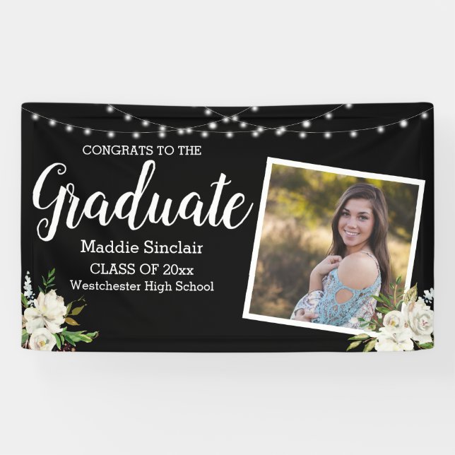 Black Modern Photo Floral String Lights Graduation Banner (Horizontal)