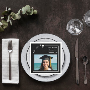 Black modern photo Graduation Party Napkin