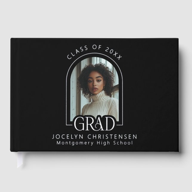 Black Modern Photo Graduation Silver Guest Book (Front)