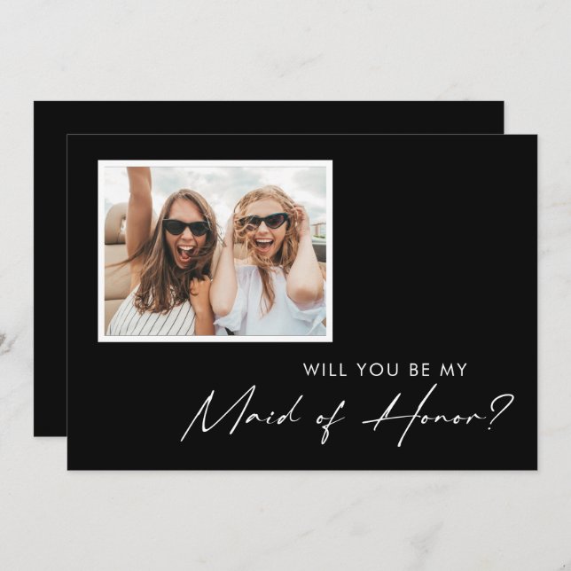 Black Modern | Photo Maid of Honour Proposal Card (Front/Back)