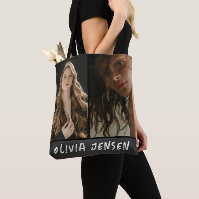 Black Modern photo name tote bag (Close Up)