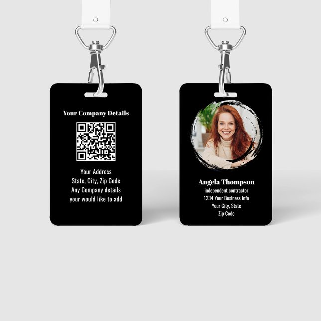 Black Modern Photo QR Code Employee ID Badge (Business black and white photo ID badge with QR code.)