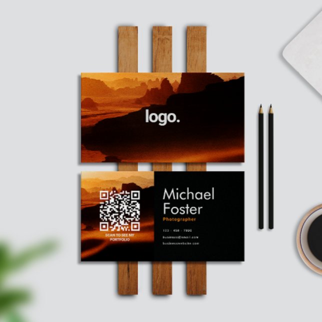 Black Modern Photographer Scannable Qrcode Business Card (Creator Uploaded)