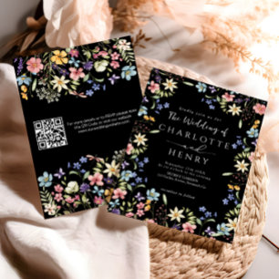 Black Modern QR Code Wildflower Wedding  Invitation