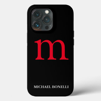 Black modern red monogram professional iPhone 13 pro case