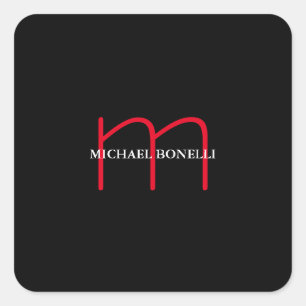 Black modern red monogram professional square sticker