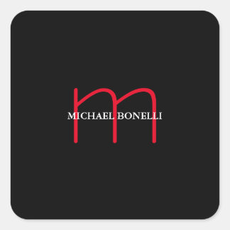 Black modern red monogram professional square sticker