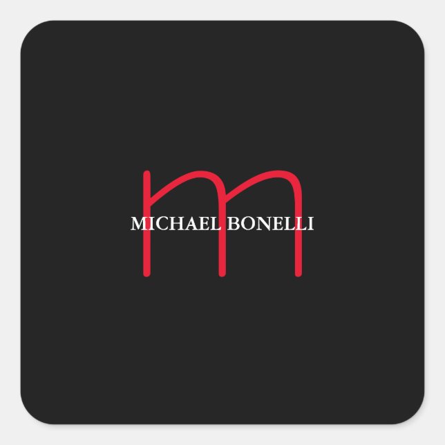 Black modern red monogram professional square sticker (Front)