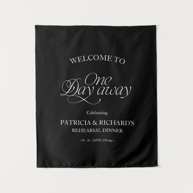 Black Modern Rehearsal Dinner Welcome Sign Tapestry (Front)