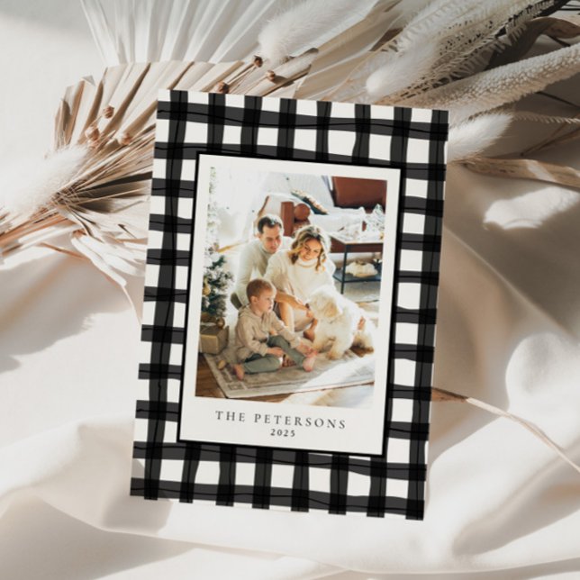 Black Modern Retro Plaid Family Photo Xmas Holiday Card (Creator Uploaded)