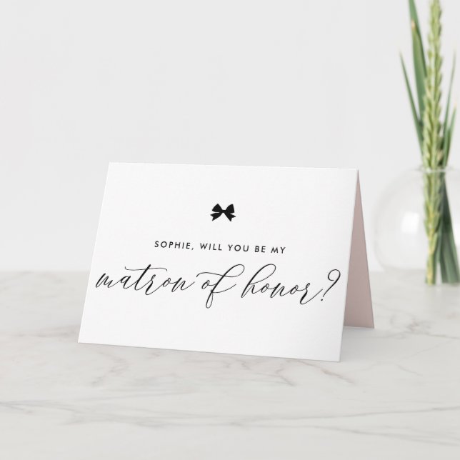 Black Modern Ribbon Bow Be My Matron of Honour Card (Front)