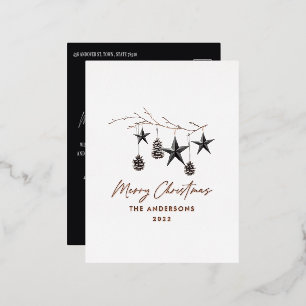 Black modern scandi botanical Christmas elegant Foil Holiday Postcard