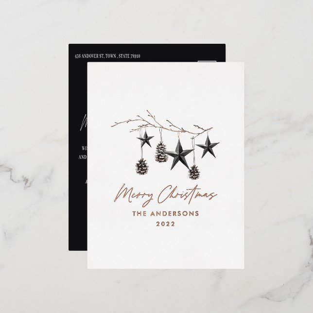 Black modern scandi botanical Christmas elegant Foil Holiday Postcard (Front/Back)