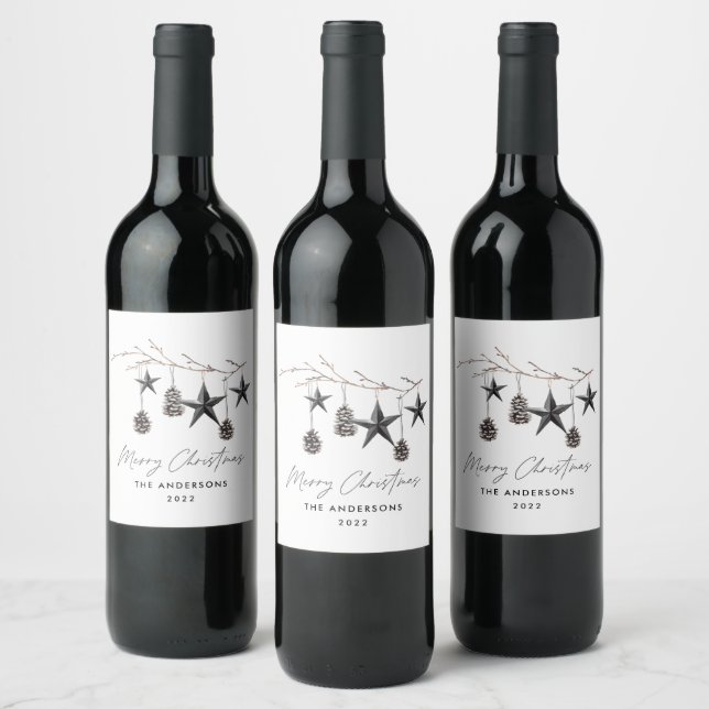 Black modern scandi elegant script Christmas Holid Wine Label (Bottles)