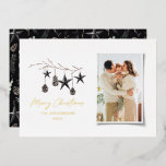 black modern scandi elegant script Christmas photo Foil Holiday Card<br><div class="desc">real foil christmas card,  Black modern elegant rustic watercolor beige natural Scandinavian contemporary muted colours beige,  black and white photo holiday Christmas card.</div>