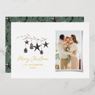 Black modern scandi elegant script Christmas photo Foil Holiday Card