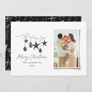 Black modern scandi elegant script Christmas photo Holiday Card