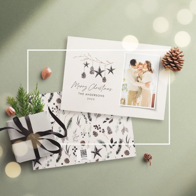 Black modern scandi elegant script Christmas photo Holiday Card (Creator Uploaded)