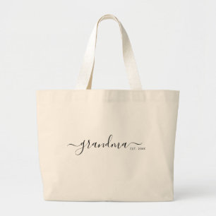 Black Modern Script Established Grandma Large Tote Bag