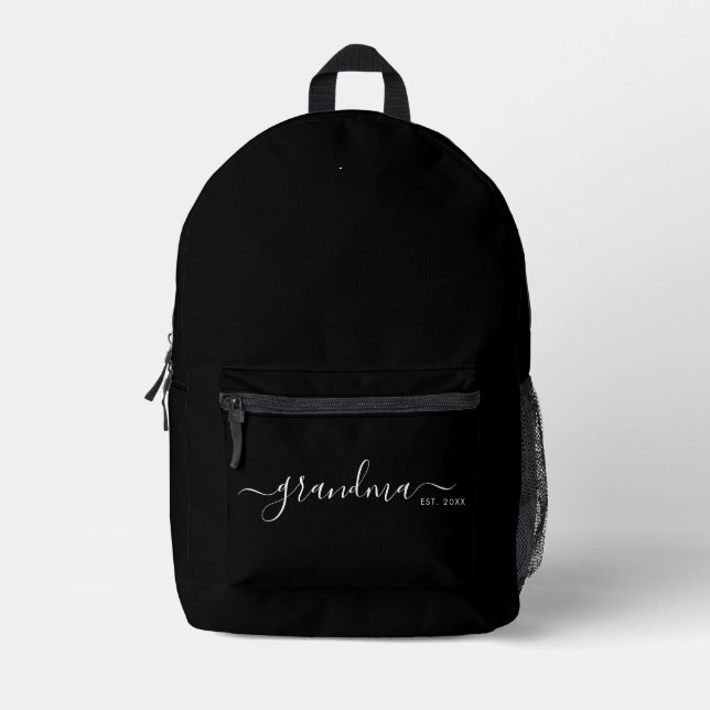 Black Modern Script Established Grandma Printed Backpack (Front)