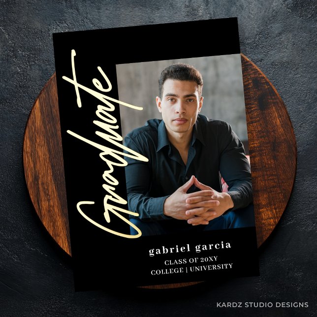 Black Modern Script Graduation Party Invitation (The front side of the announcement shown in a 5x7 in. with Gold Foil on script letters.)