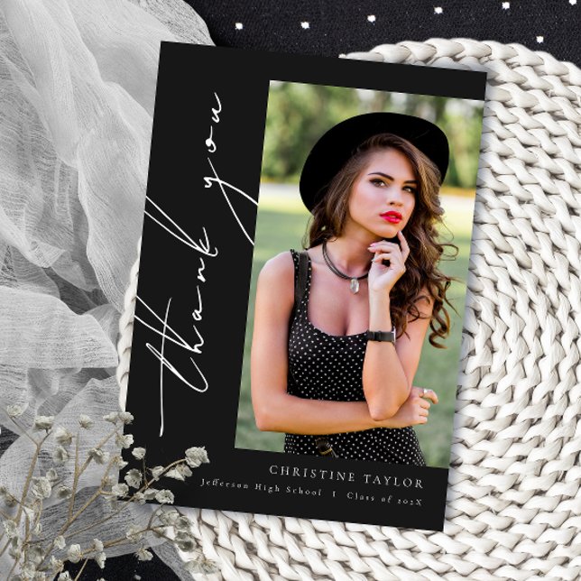 Black Modern Script Graduation Thank You Card (Creator Uploaded)
