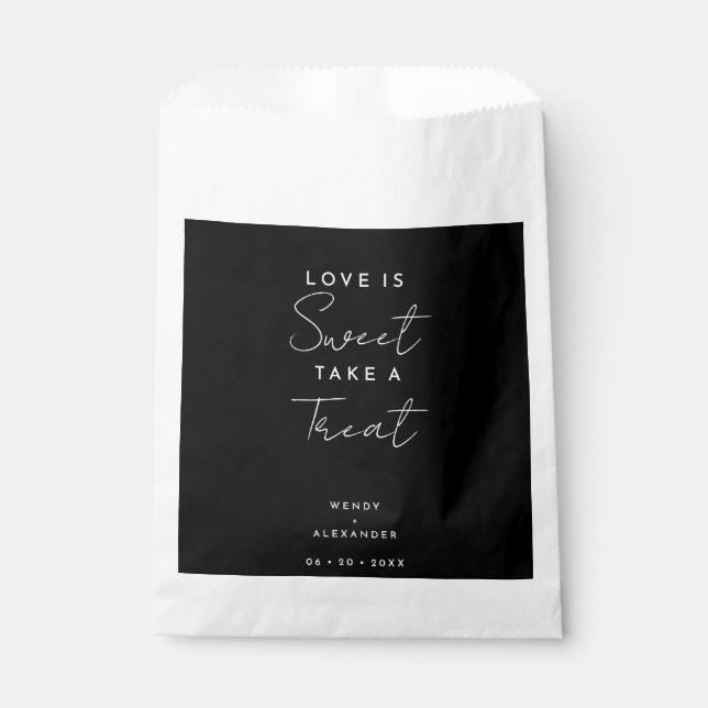 Black Modern Script Love is Sweet Wedding Favour Bags (Front)