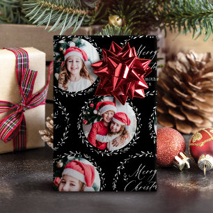 Black Modern Script Merry Christmas Family 6 photo Wrapping Paper