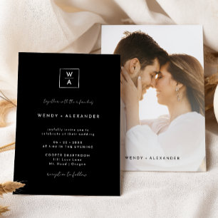 Black Modern Script Monogram Crest Photo Wedding Invitation