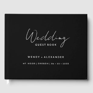 Black Modern Script Monogram Crest Wedding Guest Book
