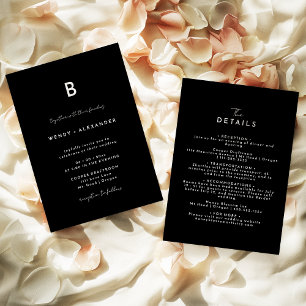 Black Modern Script Monogram Wedding Details and Invitation