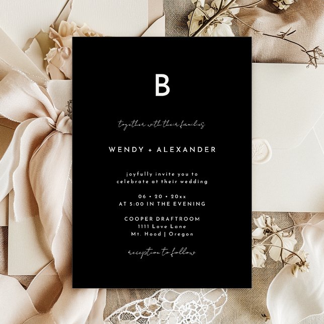 Black Modern Script Monogram Wedding Invitation (Creator Uploaded)