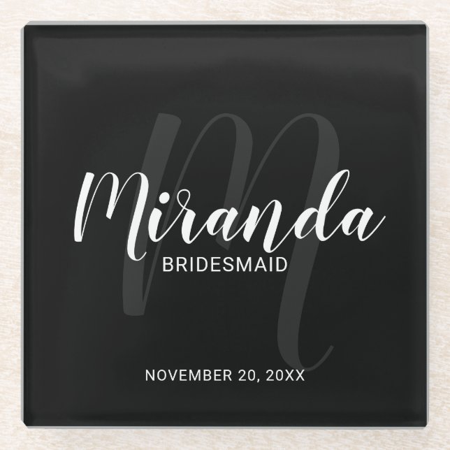 Black Modern Script Personalised Bridesmaids Glass Coaster (Front)