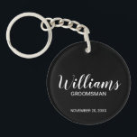 Black Modern Script Personalised Groomsman Key Ring<br><div class="desc">Personalised Groomsman Gifts
featuring personalised groomsman's name in white modern script font style with title and wedding date in modern sans serif font style on black background.

Also perfect for best man,  father of the bride,  bridesmaid,  maid of honour,  mother of the bride and more.</div>