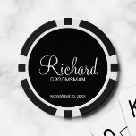 Black Modern Script Personalised Groomsman Poker Chips<br><div class="desc">Personalised Groomsman Gifts
featuring personalised groomsman's name in white modern script font style with title and wedding date in modern sans serif font style on black background.

Also perfect for best man,  father of the bride and more.</div>