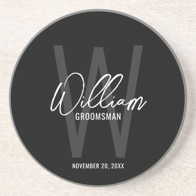 Black Modern Script Personalised Groomsman's Name Coaster (Front)