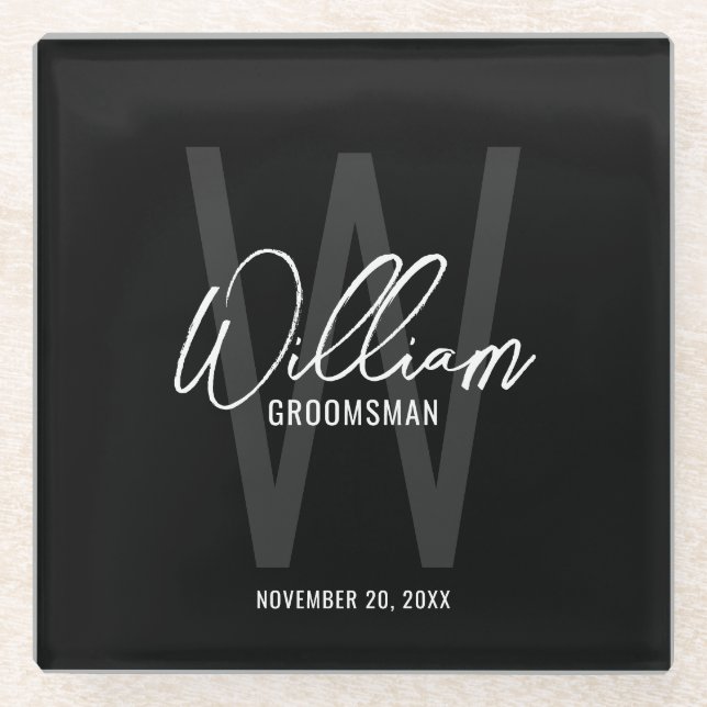 Black Modern Script Personalised Groomsman's Name Glass Coaster (Front)