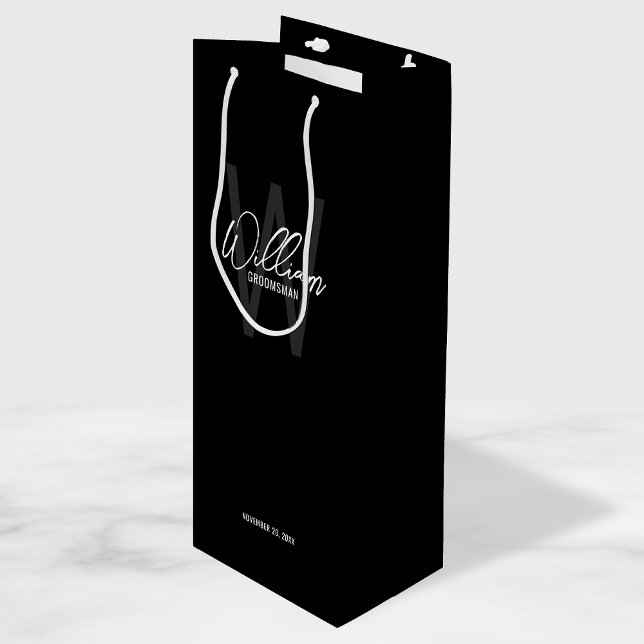 Black Modern Script Personalised Groomsman's Name  Wine Gift Bag (Creator Uploaded)