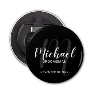 Black Modern Script Personalised Groomsmen Bottle Opener