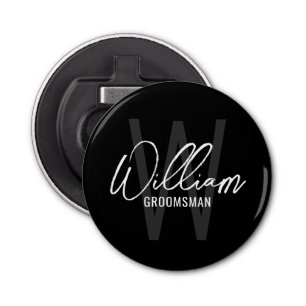 Black Modern Script Personalised Groomsmen Bottle Opener