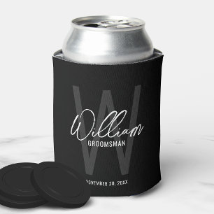 Black Modern Script Personalised Groomsmen Can Cooler